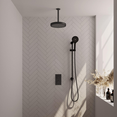 BRAUER Stripe Douche de tête thermostatique encastrée - 3 voies - rectangulaire - SET 24 - pomme de douche 25cm - bras plafond - douchette 3 positions - flexible de douche - barre coulissante intégrée - noir mat