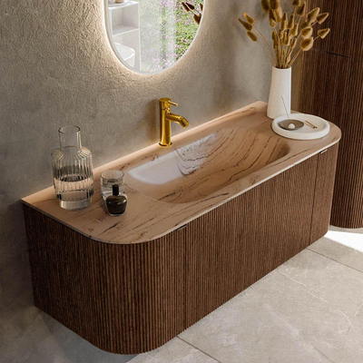 MONDIAZ KURVE-DLUX Meuble de salle de bains 120cm arrondi Gauche + Droite couleur Walnut avec 1 tiroir et 2 portes. Lavabo BIG SMALL Milieu 1 trou de robinet Arena.