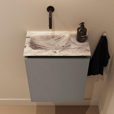 MONDIAZ TURE-DLUX Meuble toilette - 40cm - Smoke - EDEN - vasque Glace - position gauche - sans trou de robinet