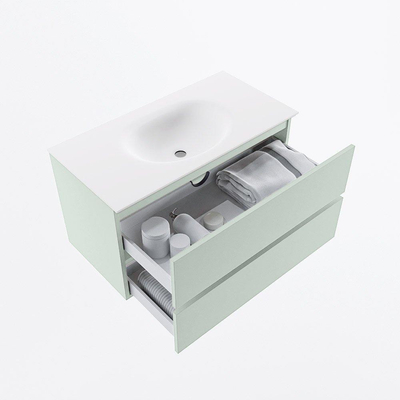 Mondiaz VICA ensemble de meuble de salle de bain - 90cm - meuble sous-vasque greey - 2 tiroirs - lavabo moon milieu - sans trous de robinet - version haute de 60cm - talc