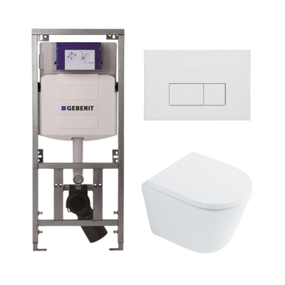 QeramiQ Dely Toiletset - 36.3x51.7cm - diepspoel - rimless - Geberit UP320 inbouwreservoir - met Burda frame - softclose toilet zitting 35 mm - mat witte bedieningsplaat - rechthoekige knoppen - wit glans