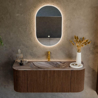 MONDIAZ KURVE-DLUX 120cm badmeubel ronding Links + Rechts kleur Walnut met 1 lade en 2 deuren. Wastafel BIG SMALL Midden 1 kraangat Sombra.