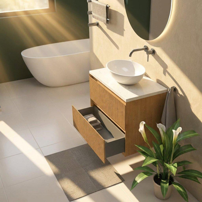 Saniclass Holz Atelier Ensemble meuble de salle de bains - 80x45x63cm - Plan vasque en marbre Dia poli (blanc) - sans trou de robinetterie - 2 tiroirs - chêne natural mat (bois)