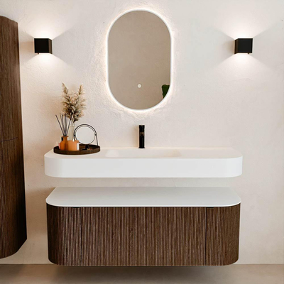 MONDIAZ THOR 130cm meuble de salle de bains arrondi gauche + droite couleur Walnut avec 1 tiroir et 2 portes. Vasque suspendue CLOUD Milieu 1 trou de robinet couleur Talc.