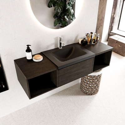 MONDIAZ BUKLA 140cm ensemble de meuble avec module ouvert 40 L+R couleur Marron Foncé avec 1 tiroir. Lavabo CLOUD centre 1 trou de robinet couleur Urban.