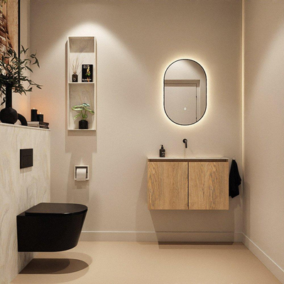 MONDIAZ TURE-DLUX Meuble toilette - 80cm - Washed Oak - EDEN - vasque Ostra - position centrale - sans trou de robinet