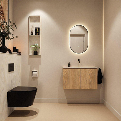 MONDIAZ TURE-DLUX meuble WC 80cm Washed Oak. Lavabo EDEN Ostra position milieu. Sans trou de robinet.