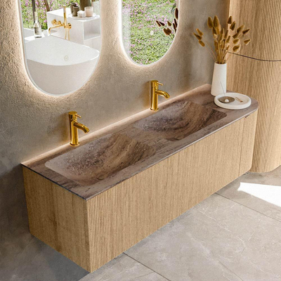 MONDIAZ KURVE-DLUX meuble de salle de bains 145cm arrondi à droite couleur chêne avec 1 tiroir et 1 porte. Lavabo LEAF double / gauche 2 trous de robinet Oza.