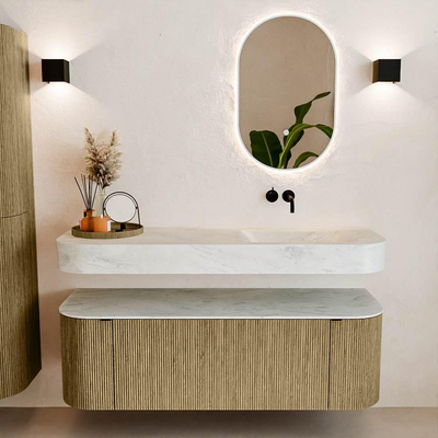 MONDIAZ THOR-DLUX 140cm meuble de salle de bains arrondi gauche + droite couleur Dusk avec 1 tiroir et 2 portes. Vasque suspendue CLOUD Droite sans trou de robinet couleur Opalo.