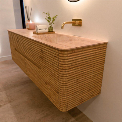Mondiaz CIRO-DLUX Badkamermeubelset - 160x45x50cm - Solid surface wastafel Saba - 1 wasbak Rechts - zonder kraangaten - 4 lades - Oak