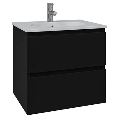 Adema Chaci Ensemble de meuble - 60x46x57cm - 1 vasque ovale en céramique blanche - 1 trou de robinet - 2 tiroirs - armoire de toilette - noir mat