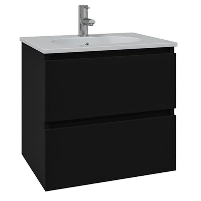 Saniclass Chaci Ensemble meuble de salle de bains - 60x46x55cm - lavabo en céramique blanc - 1 vasque ovale - 1 trou de robinet - 2 tiroirs - noir mat