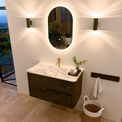 Mondiaz CIRO-DLUX Ensemble de meubles de salle de bains - 90x45x50cm - Plan-vasque en solid surface Glace - 1 vasque au milieu - 1 trou de robinet - 2 tiroirs - Shadow