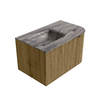 MONDIAZ KURVE-DLUX Meuble de salle de bains 75cm arrondi à droite couleur Dusk avec 1 tiroir et 1 porte. Lavabo GRUNNE à gauche sans trou de robinet Sombra.