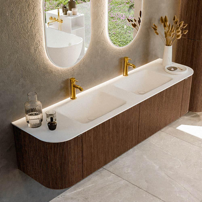 MONDIAZ KURVE 180cm badmeubel met module 25 Len R kleur Walnut met 2 lades en 2 deuren. Wastafel CLOUD dubbel 2 kraangaten Talc.