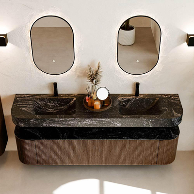 MONDIAZ THOR-DLUX Meuble de salle de bains 190cm arrondi gauche + droite couleur Walnut avec 2 tiroirs et 2 portes. Vasque suspendue CLOUD Double 2 trous de robinet couleur Lava.