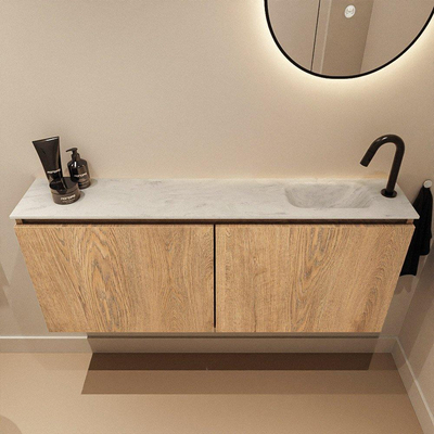 MONDIAZ TURE-DLUX Meuble de toilettes 120 cm Washed Oak. Lavabo EDEN Opalo position droite. Avec 1 trou de robinet.