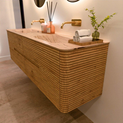 Mondiaz CIRO-DLUX Badkamermeubelset - 170x45x50cm - Solid surface wastafel Arena - 2 wasbak Dubbel - zonder kraangaten - 4 lades - Oak