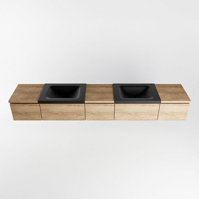 MONDIAZ BUKLA 240cm badmeubel met module 40 kleur Washed Oak met 5 lades. Wastafel CLOUD dubbel 2 kraangaten kleur Urban.