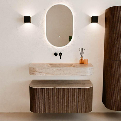 MONDIAZ THOR-DLUX 100cm badmeubel ronding links + rechts kleur Walnut met 1 lade en 2 deuren. Vrijhangende wastafel CLOUD Midden zonder kraangat kleur Saba.