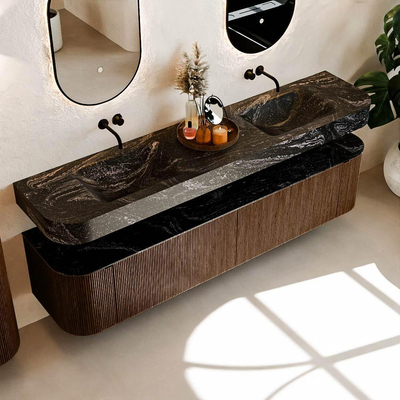 MONDIAZ THOR-DLUX 200cm meuble de salle de bains arrondi gauche + droite couleur Walnut avec 2 tiroirs et 2 portes. Vasque suspendue CLOUD Double sans trou de robinet couleur Lava.