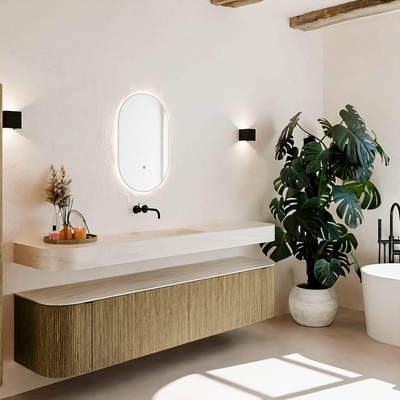 MONDIAZ THOR-DLUX 200cm meuble de salle de bains arrondi gauche + droite couleur Dusk avec 2 tiroirs et 2 portes. Vasque suspendue CLOUD Milieu sans trou de robinet couleur Meli.