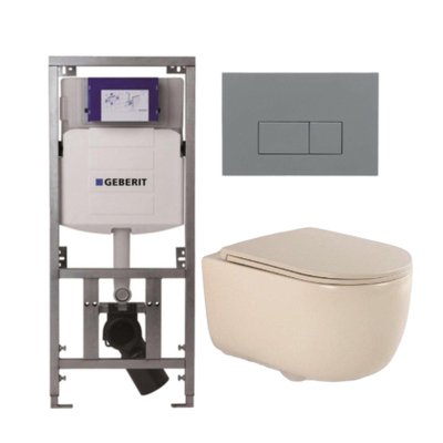 QeramiQ Dely Swirl Toiletset - 36.3x51.7cm - Geberit UP320 inbouwreservoir - met Burda frame - slimzitting - bedieningsplaat licht grijs - rechthoekige knoppen - beige
