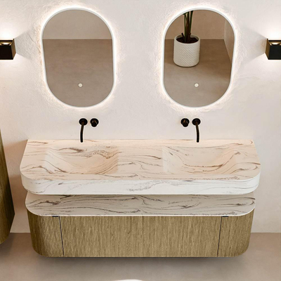 MONDIAZ THOR-DLUX 160cm meuble de salle de bains arrondi gauche + droite couleur Dusk avec 1 tiroir et 2 portes. Vasque suspendue CLOUD Double sans trou de robinet couleur Nata.