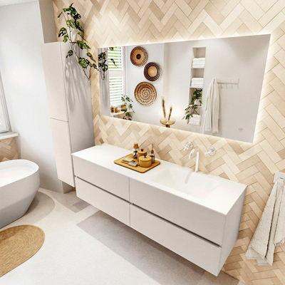 Mondiaz VICA 160cm meuble de salle de bains sous-élément Linen 4 tiroirs. Lavabo CLOUD à droite 1 trou de robinet, couleur Talc avec miroir LED