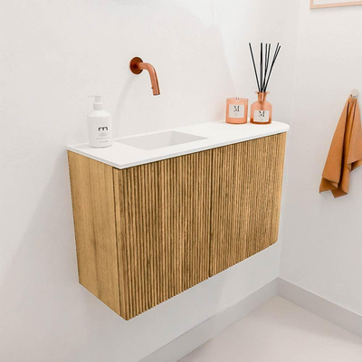 Mondiaz JOYA 71.6cm meuble de toilette - arrondi droit couleur Chêne - Vasque FAYE position Gauche Sans trou de robinet couleur Talc.