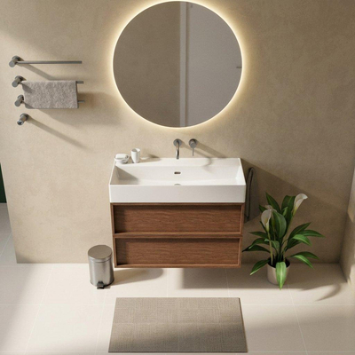 Saniclass Holz Frame Ensemble meuble de salle de bains - 100x45x72cm - Lavabo Legend en céramique blanc - 1 vasque - sans trou de robinetterie - 2 tiroirs - noyer pure mat (bois)