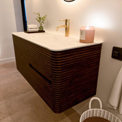 Mondiaz CIRO-DLUX Meuble de salle de bains - 110x45x50cm - Plan-vasque Solid surface Opalo - 1 bassin à droite - 1 trou de robinet - 2 tiroirs - Noyer