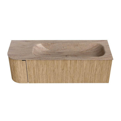 MONDIAZ KURVE-DLUX meuble de salle de bains 135cm arrondi à gauche couleur chêne avec 1 tiroir et 1 porte. Lavabo BIG MEDIUM à droite 1 trou de robinet Saba.