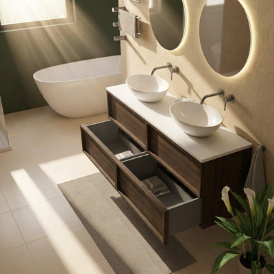 Saniclass Holz Frame Ensemble meuble de salle de bains - 160x45x62.5cm - Plan de toilette Torino en solid surface blanc - sans trou de robinetterie - 4 tiroirs - chêne charcoal mat (bois)