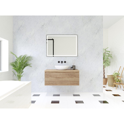 HR Matrix ensemble de meubles de salle de bain 3d 100cm 1 tiroir sans poignée avec bandeau de poignée en coloris chêne français avec dessus chêne français
