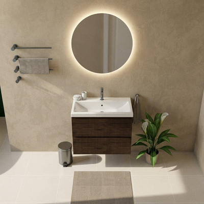 Saniclass Holz Atelier Ensemble meuble de salle de bains - 80x45x63.5cm - lavabo en céramique Bari blanc - 1 vasque - 1 trou de robinetterie - 2 tiroirs - chêne charcoal mat (bois)