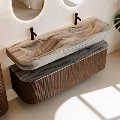 MONDIAZ THOR-DLUX 150cm badmeubel ronding links + rechts kleur Walnut met 1 lade en 2 deuren. Vrijhangende wastafel CLOUD Dubbel 2 kraangaten kleur Sombra.