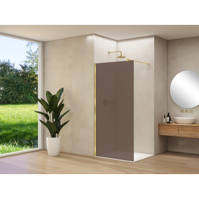 Van Rijn Products ST01 vaste wand - 88x200cm - brons rookglas - - dikte 8mm - stabilisatiestang - muurprofiel - Messing Geborsteld