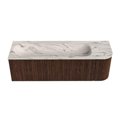 MONDIAZ KURVE-DLUX 145cm badmeubel ronding Rechts kleur Walnut met 1 lade en 1 deur. Wastafel BIG LARGE Links 2 kraangaten Nata.
