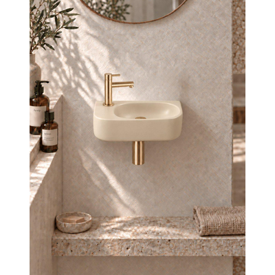 QeramiQ Fuente fonteinset – halfrond – 40x21.5x12 cm – keramiek beige – kraangat links – geborsteld gouden kraan