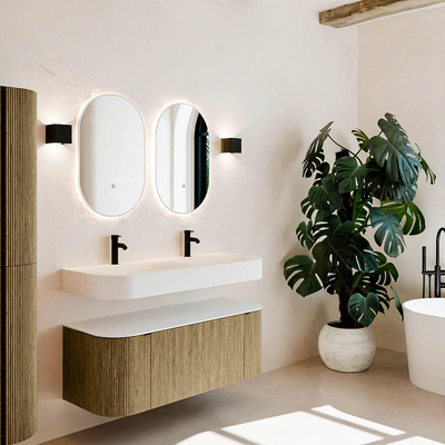 MONDIAZ THOR Meuble de salle de bains 120cm arrondi gauche + droite couleur Dusk avec 1 tiroir et 2 portes. Vasque suspendue CLOUD Double 2 trous de robinet couleur Talc.