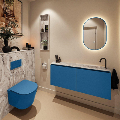 MONDIAZ TURE-DLUX Meuble toilette - 120cm - Jeans - EDEN - vasque Glace - position droite - 1 trou de robinet