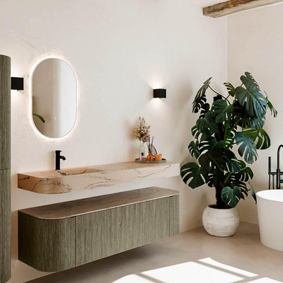 MONDIAZ THOR-DLUX 160cm meuble de salle de bains arrondi gauche + droite couleur Shadow avec 1 tiroir et 2 portes. Vasque suspendue CLOUD gauche 1 trou de robinet couleur Arena.