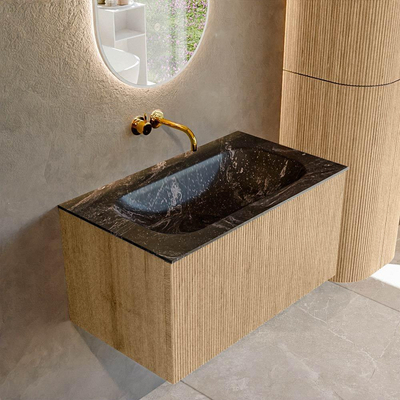 MONDIAZ KURVE-DLUX 80cm badmeubel kleur Oak met 1 lade. Wastafel BIG SMALL midden zonder kraangat kleur Lava.