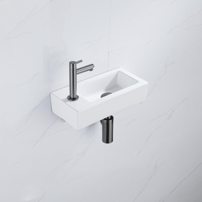 QeramiQ Fuente fonteinset – 37.5x18.5x9 cm – keramiek wit glans – kraangat links – kraan geborsteld gunmetal