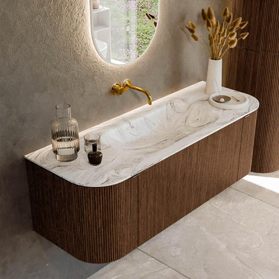 MONDIAZ KURVE-DLUX 130cm badmeubel met module 25 Len R kleur Walnut met 1 lade en 2 deuren. Wastafel BIG SMALL midden zonder kraangat kleur Glace.