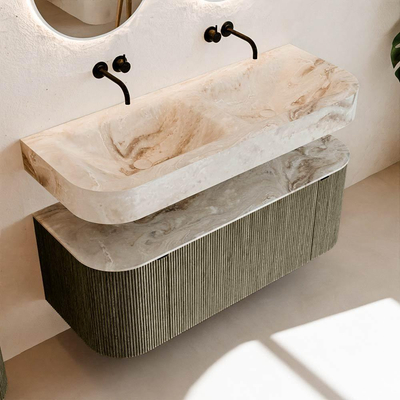 MONDIAZ THOR-DLUX Meuble de salle de bains 120cm arrondi gauche + droite couleur Shadow avec 1 tiroir et 2 portes. Vasque suspendue CLOUD Double sans trou de robinet couleur Frappe.