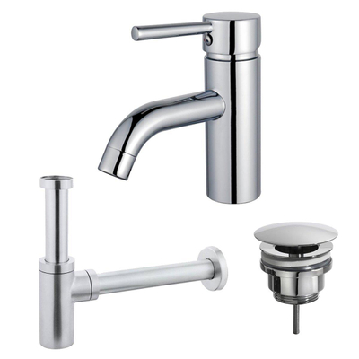 FortiFura Calvi Kit mitigeur lavabo - robinet bas - bonde nonobturable - siphon design - Chrome brillant