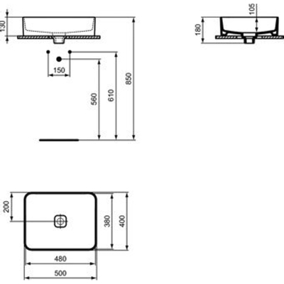 Ideal Standard Strada II opbouwwastafel m. geglazuurde achterwand zonder kraangat zonder overloop 50x40cm wit