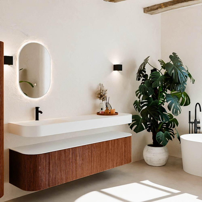 MONDIAZ THOR 180cm meuble de salle de bains arrondi gauche + droite couleur Ruby avec 2 tiroirs et 2 portes. Vasque suspendue CLOUD Gauche 1 trou de robinet couleur Talc.